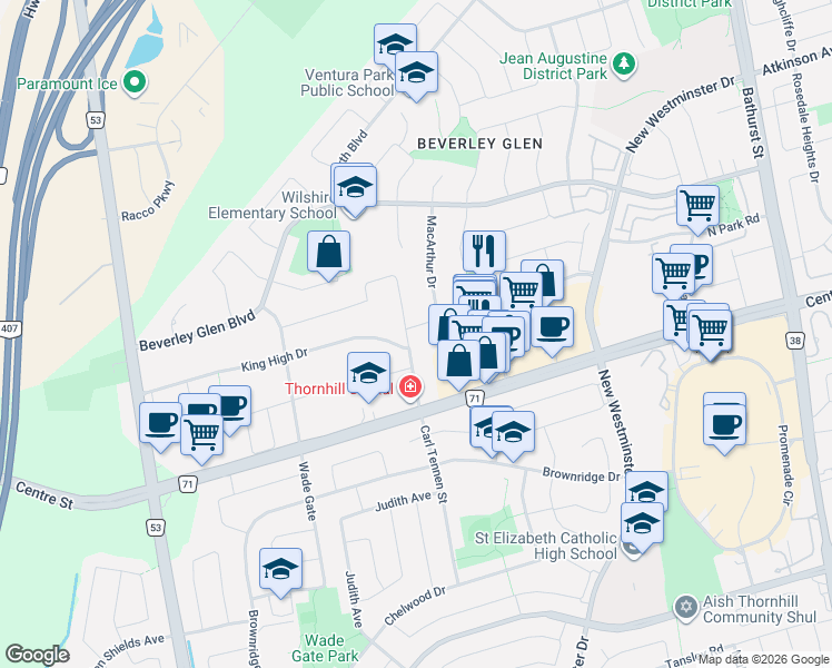 map of restaurants, bars, coffee shops, grocery stores, and more near 71 Vaughan Boulevard in Vaughan