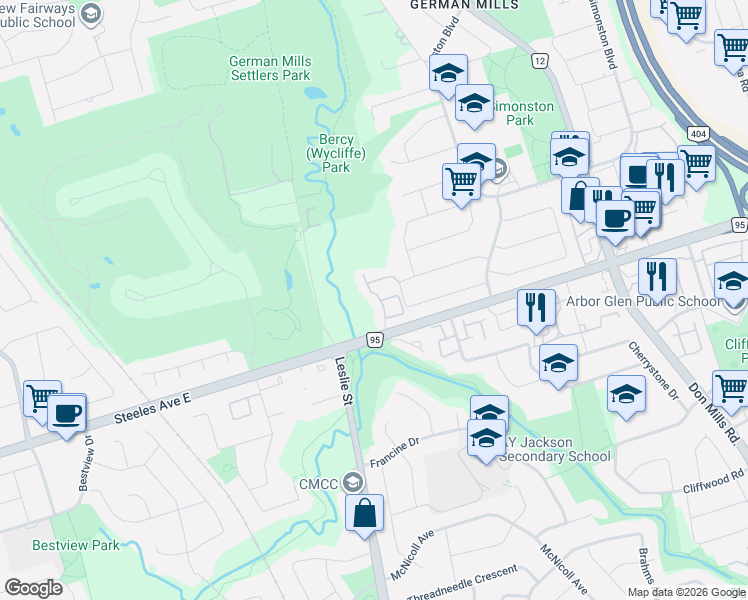 map of restaurants, bars, coffee shops, grocery stores, and more near 61 Quail Valley Lane in Markham