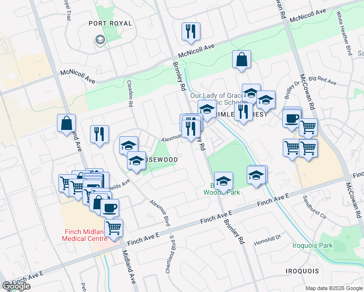 map of restaurants, bars, coffee shops, grocery stores, and more near 70 Lady Churchill Court in Toronto