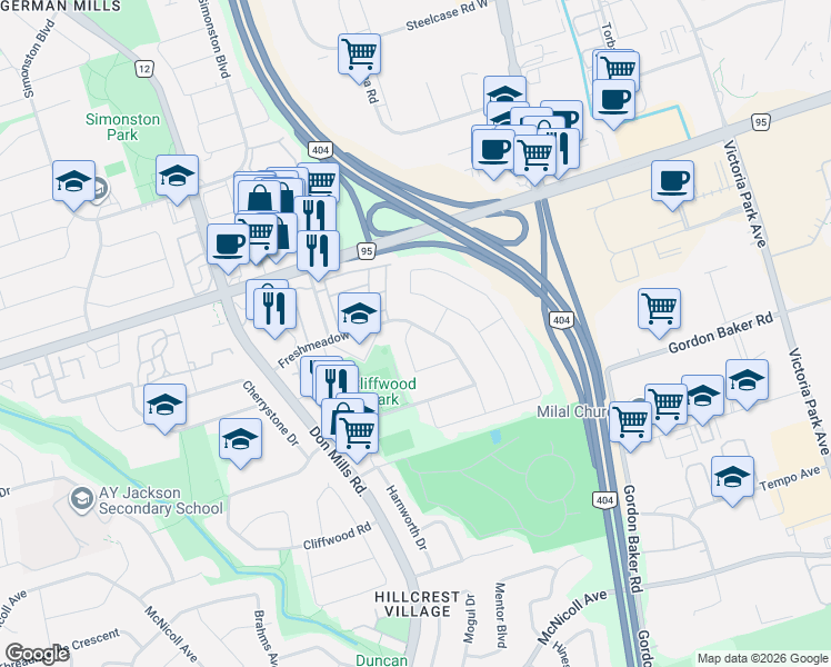 map of restaurants, bars, coffee shops, grocery stores, and more near 9 Applegate Crescent in Toronto