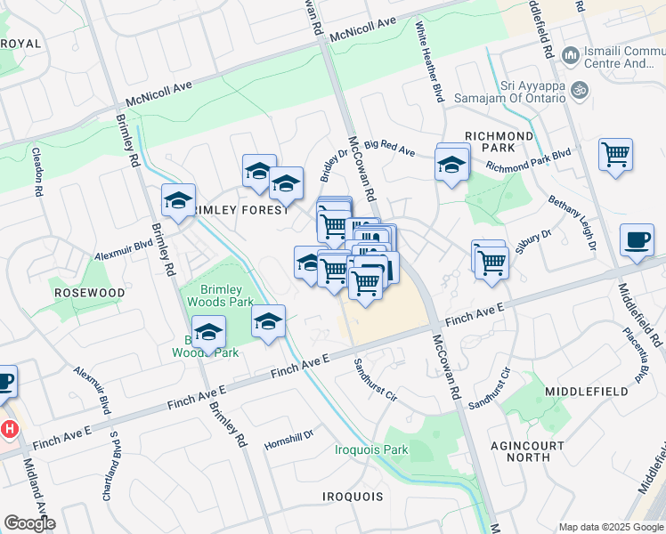 map of restaurants, bars, coffee shops, grocery stores, and more near 1580 Sandhurst Circle in Toronto
