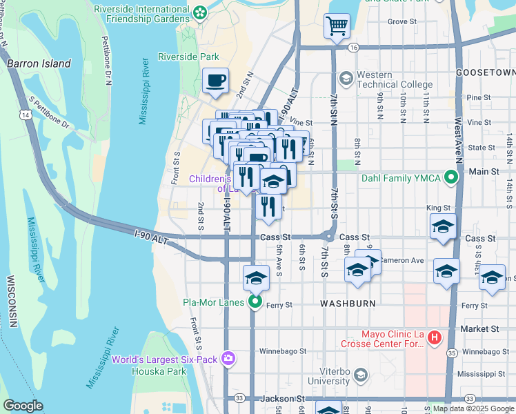 map of restaurants, bars, coffee shops, grocery stores, and more near 305 4th Street South in La Crosse