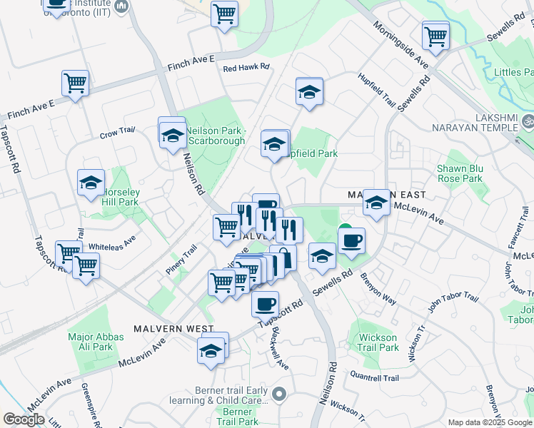 map of restaurants, bars, coffee shops, grocery stores, and more near 410 McLevin Avenue in Toronto