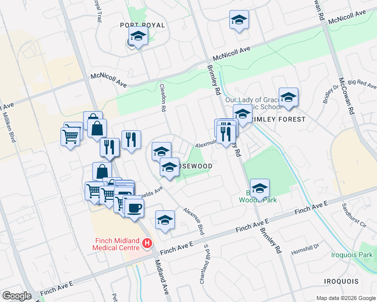 map of restaurants, bars, coffee shops, grocery stores, and more near 201 Alexmuir Boulevard in Toronto