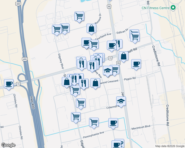 map of restaurants, bars, coffee shops, grocery stores, and more near 644 Millway Avenue in Vaughan