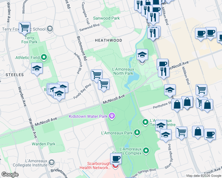 map of restaurants, bars, coffee shops, grocery stores, and more near 16 Morbank Drive in Toronto