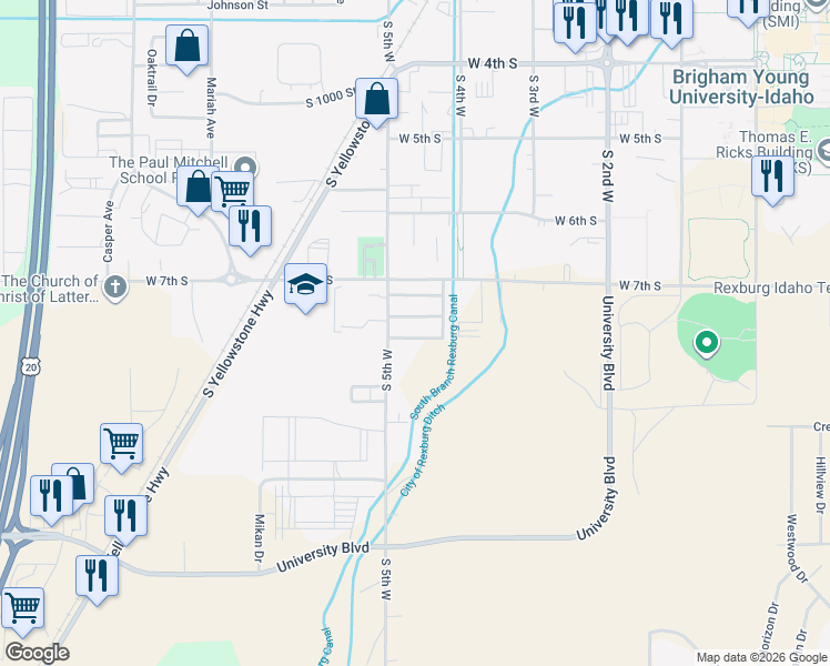map of restaurants, bars, coffee shops, grocery stores, and more near 707 South 5th West in Rexburg