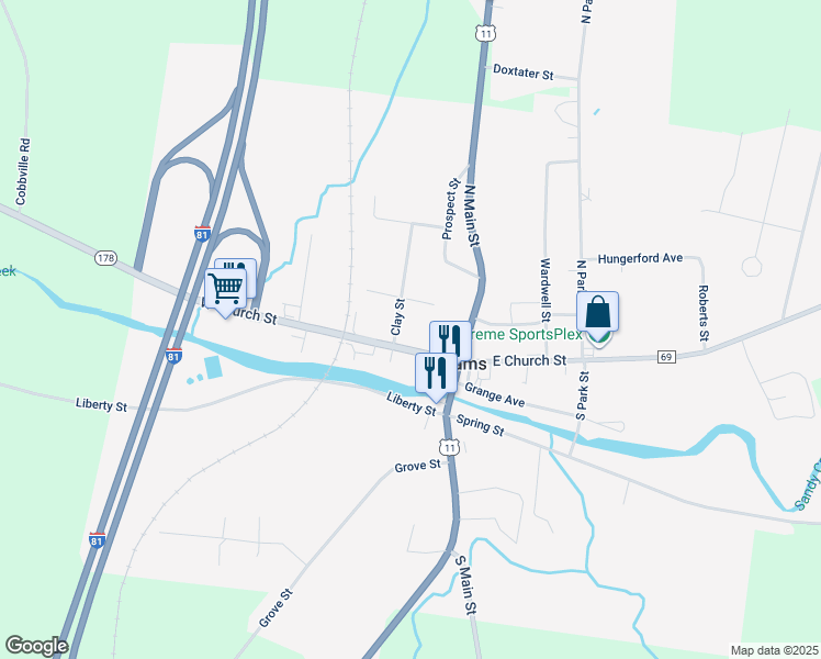 map of restaurants, bars, coffee shops, grocery stores, and more near 9 Clay Street in Adams