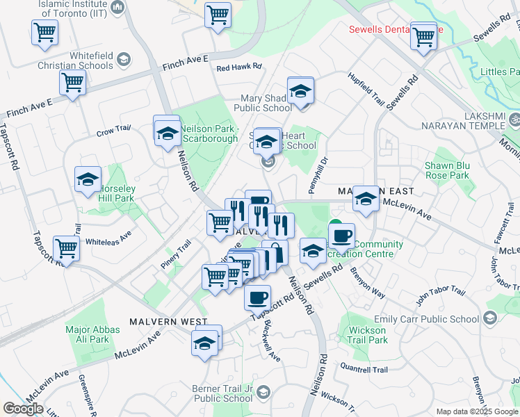 map of restaurants, bars, coffee shops, grocery stores, and more near 430 McLevin Avenue in Toronto