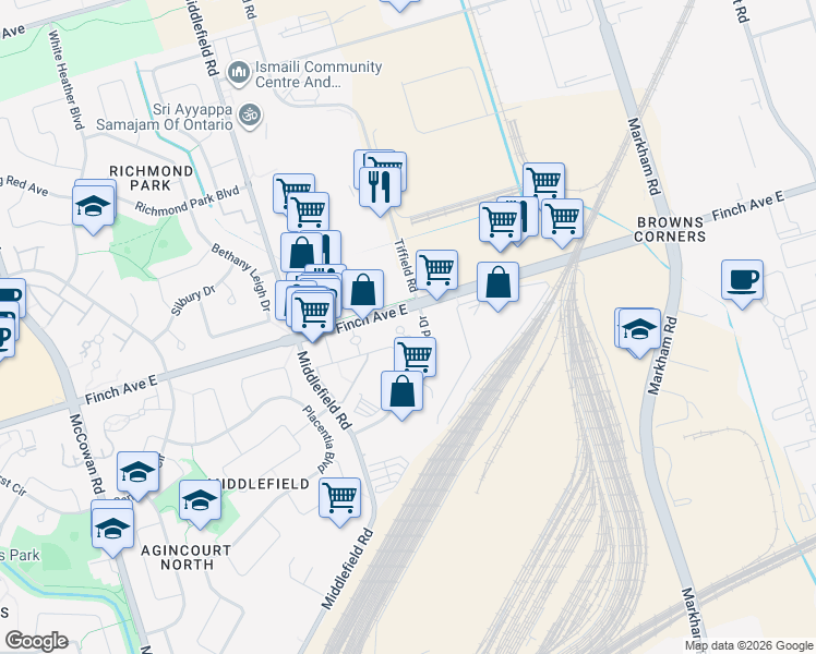 map of restaurants, bars, coffee shops, grocery stores, and more near 100 Scottfield Drive in Toronto