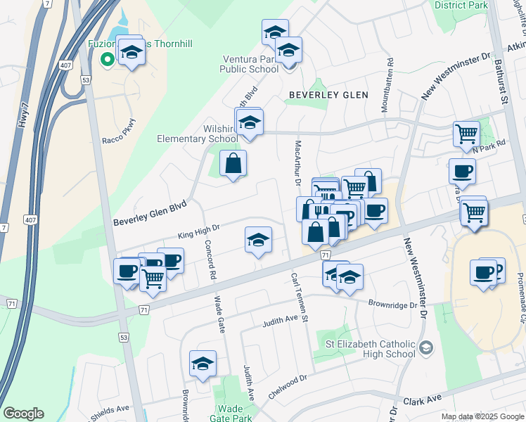 map of restaurants, bars, coffee shops, grocery stores, and more near 38 King High Drive in Vaughan