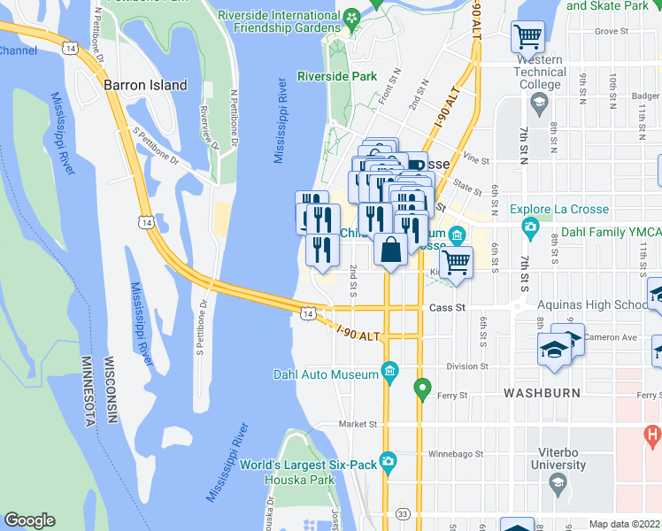 map of restaurants, bars, coffee shops, grocery stores, and more near 119 King Street in La Crosse