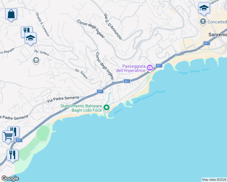 map of restaurants, bars, coffee shops, grocery stores, and more near 28 Corso Matuzia in Sanremo