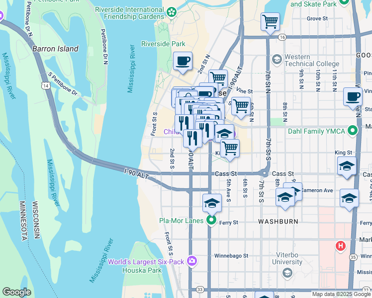 map of restaurants, bars, coffee shops, grocery stores, and more near 314 3rd Street South in La Crosse