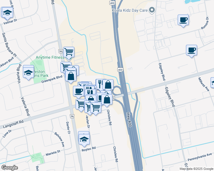 map of restaurants, bars, coffee shops, grocery stores, and more near 61 Creditview Road in Vaughan