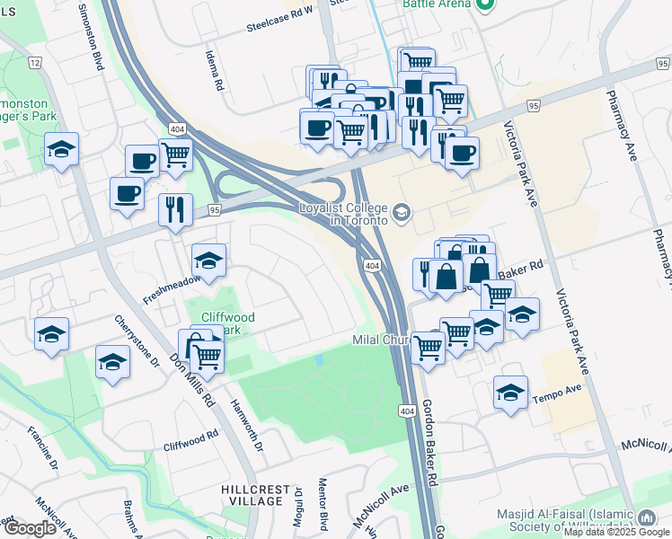 map of restaurants, bars, coffee shops, grocery stores, and more near 159 Hollyberry Trail in Toronto