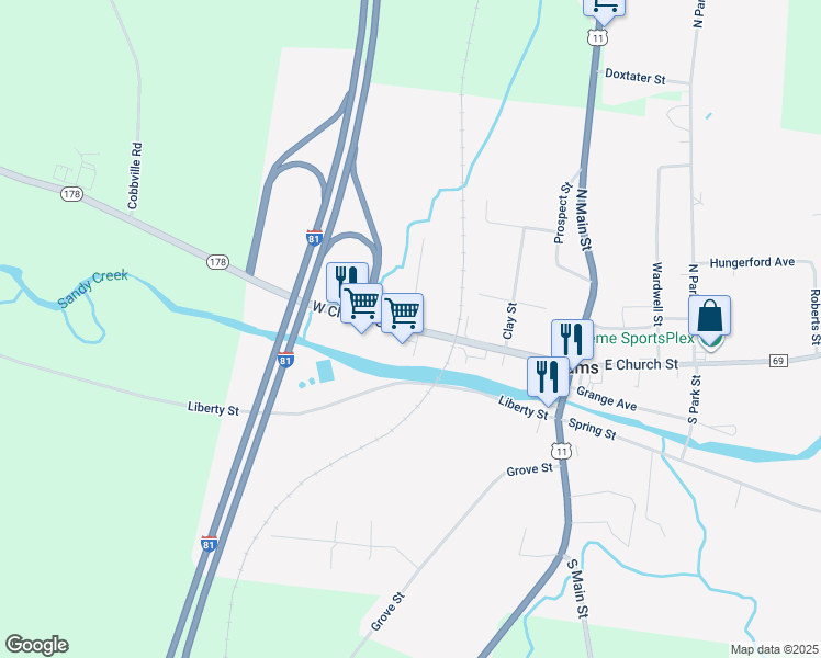 map of restaurants, bars, coffee shops, grocery stores, and more near West Church Street in Adams