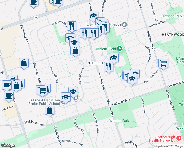 map of restaurants, bars, coffee shops, grocery stores, and more near 83 Mossbrook Crescent in Toronto