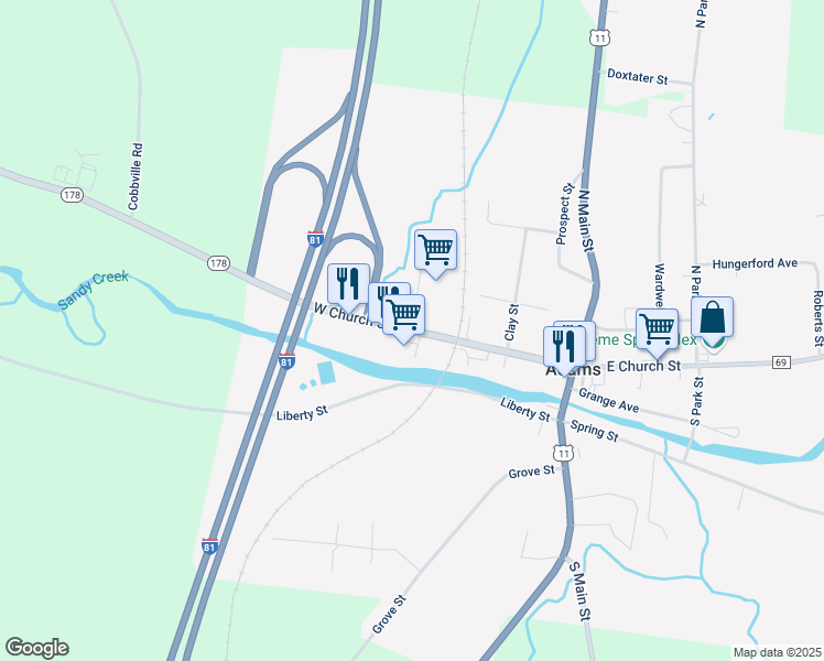 map of restaurants, bars, coffee shops, grocery stores, and more near West Church Street in Adams