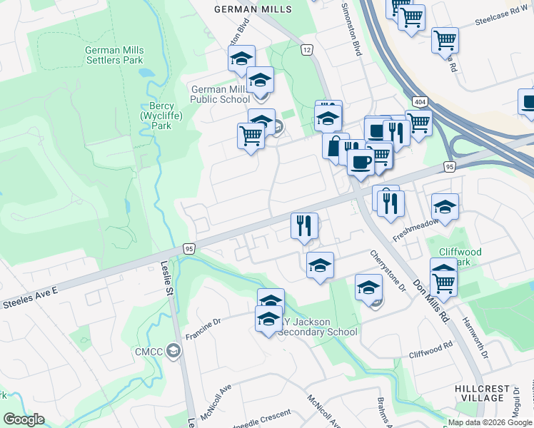 map of restaurants, bars, coffee shops, grocery stores, and more near 2 Waggoners Wells Lane in Markham