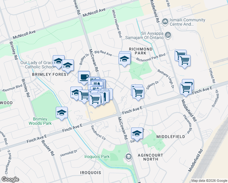 map of restaurants, bars, coffee shops, grocery stores, and more near 1131 Sandhurst Circle in Toronto