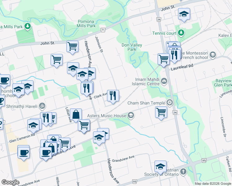 map of restaurants, bars, coffee shops, grocery stores, and more near 171 Clark Avenue in Markham