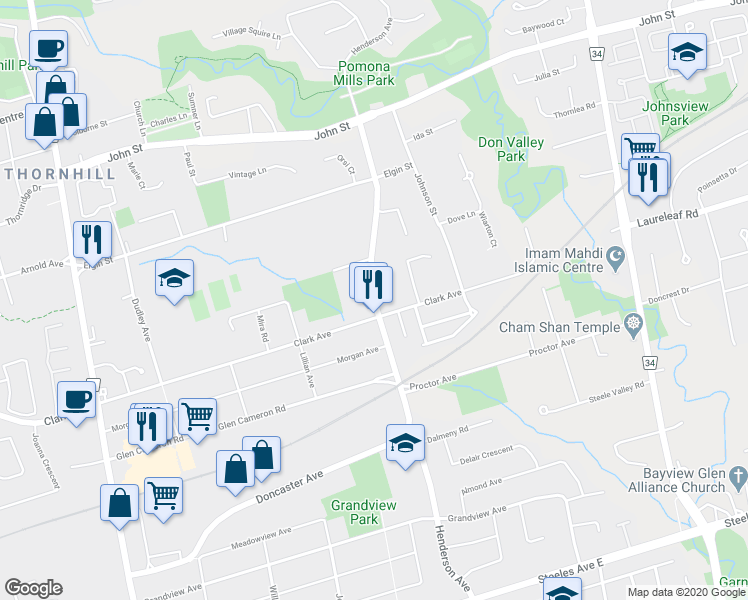 map of restaurants, bars, coffee shops, grocery stores, and more near Henderson Avenue in Markham