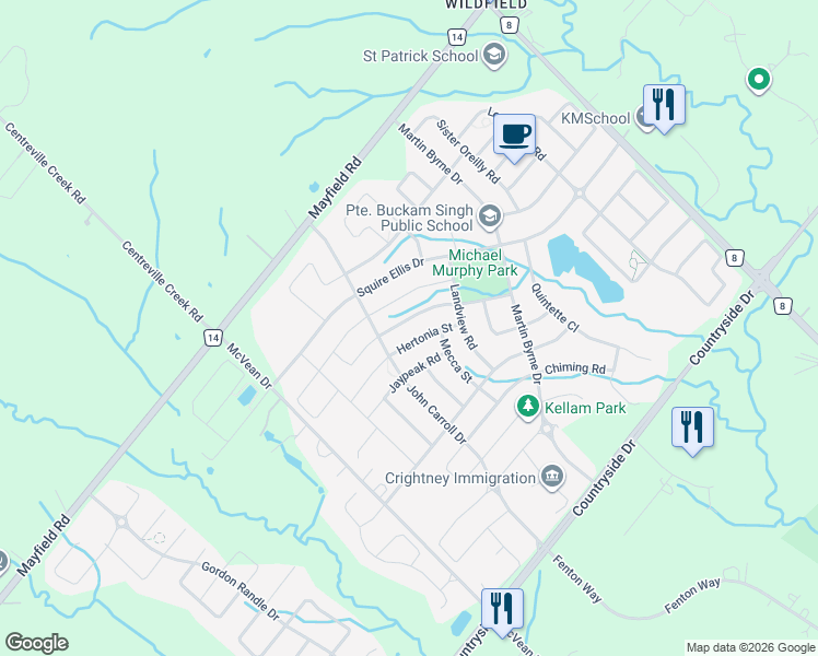 map of restaurants, bars, coffee shops, grocery stores, and more near 10 Cloverhaven Road in Brampton
