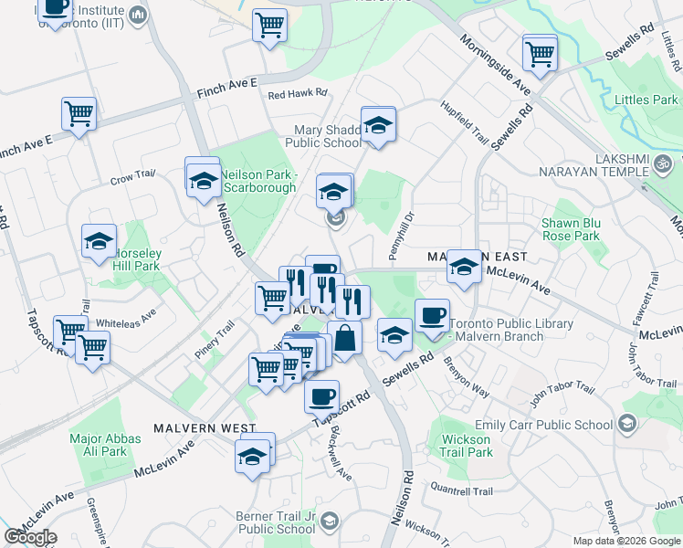 map of restaurants, bars, coffee shops, grocery stores, and more near 480 McLevin Avenue in Toronto