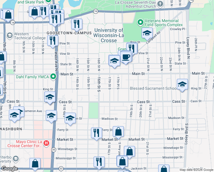 map of restaurants, bars, coffee shops, grocery stores, and more near 1629 King Street in La Crosse