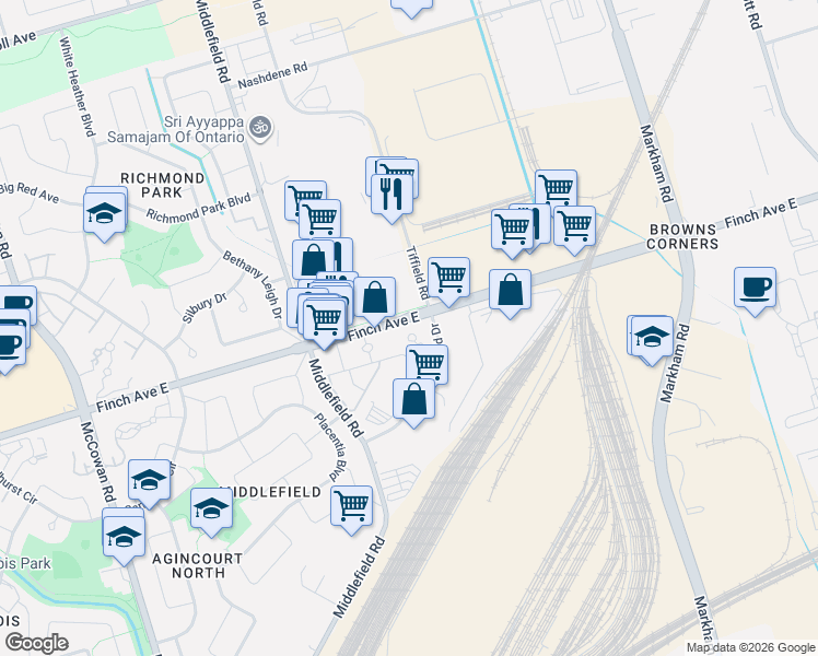 map of restaurants, bars, coffee shops, grocery stores, and more near 100 Scottfield Drive in Toronto