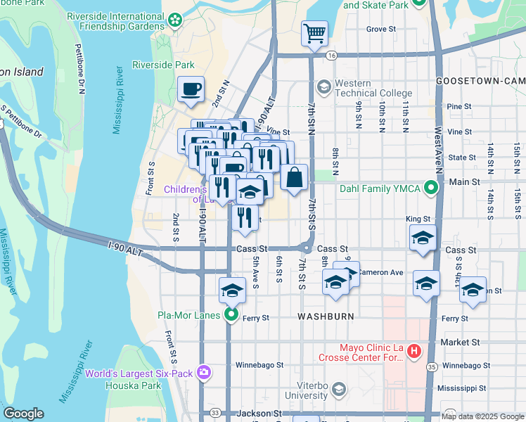 map of restaurants, bars, coffee shops, grocery stores, and more near 505 King Street in La Crosse