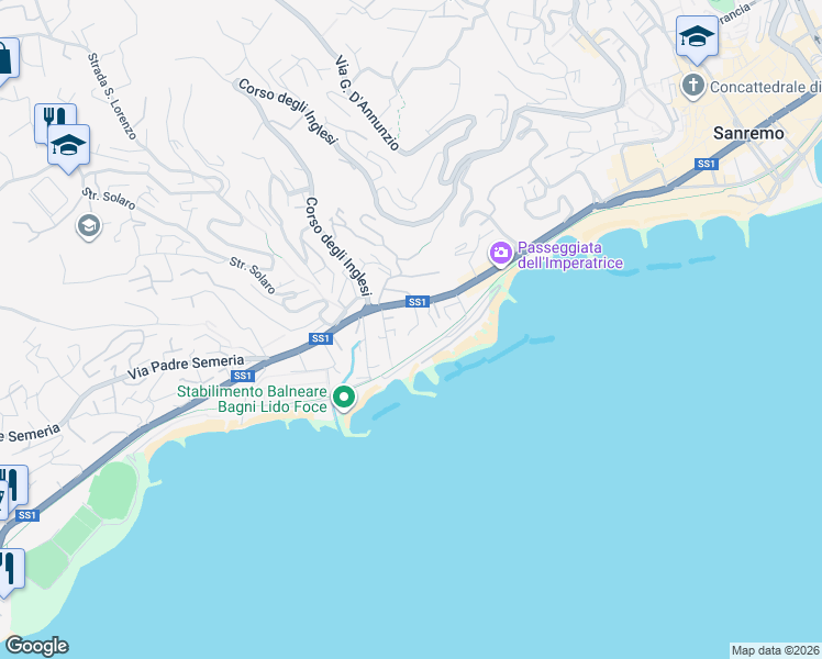 map of restaurants, bars, coffee shops, grocery stores, and more near 21 Corso Matuzia in Sanremo