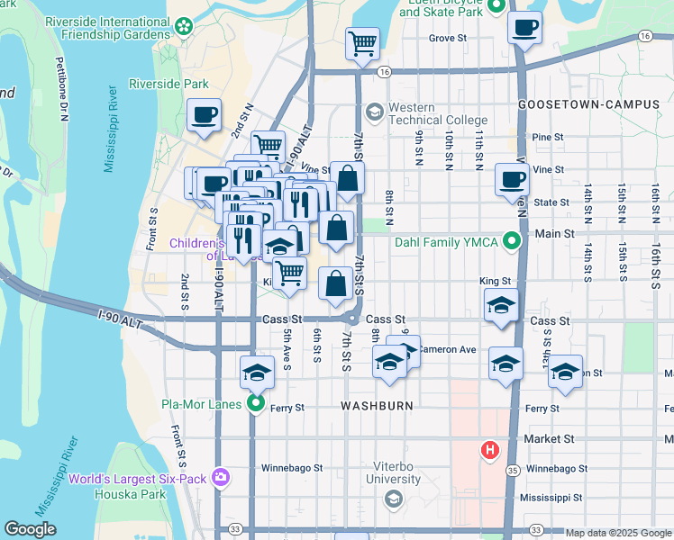 map of restaurants, bars, coffee shops, grocery stores, and more near 141 6th Street South in La Crosse