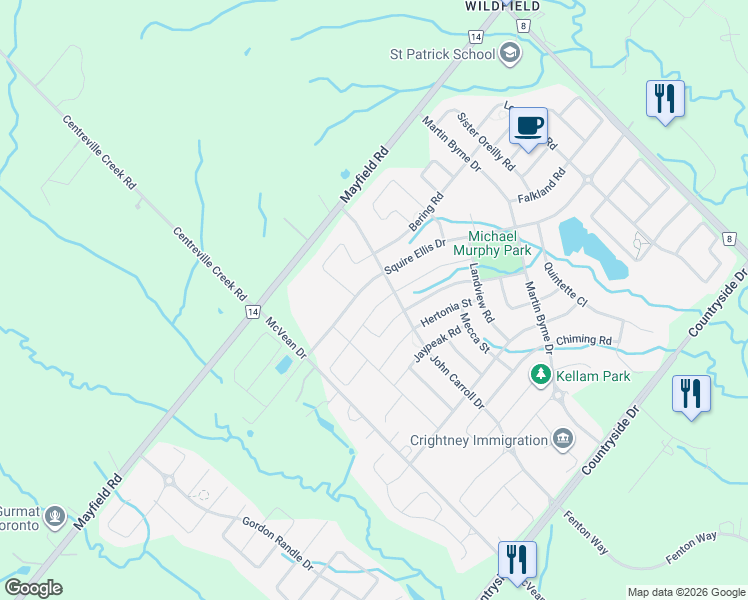 map of restaurants, bars, coffee shops, grocery stores, and more near 4 Eltesoro Street in Brampton