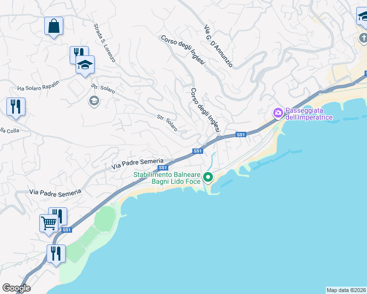 map of restaurants, bars, coffee shops, grocery stores, and more near 38 Strada Privata Vallarino in Sanremo