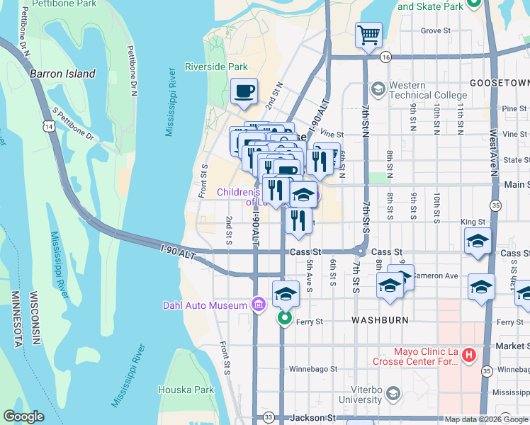 map of restaurants, bars, coffee shops, grocery stores, and more near 315 3rd Street South in La Crosse