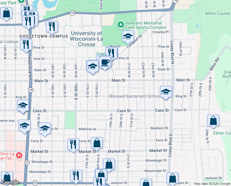 map of restaurants, bars, coffee shops, grocery stores, and more near 140 20th Street South in La Crosse