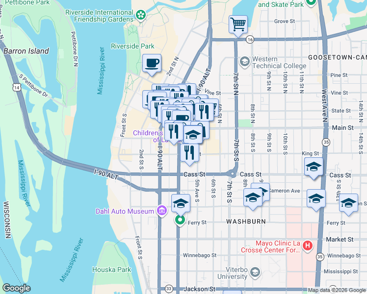 map of restaurants, bars, coffee shops, grocery stores, and more near 415 King Street in La Crosse