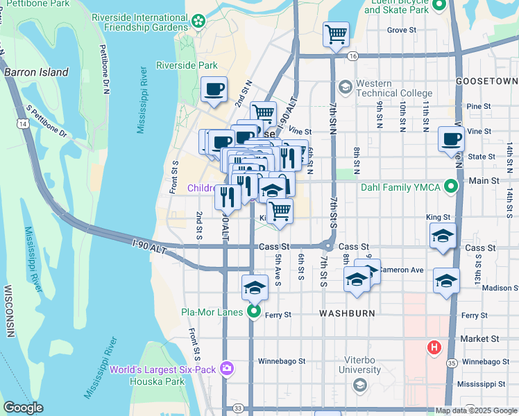 map of restaurants, bars, coffee shops, grocery stores, and more near 305 4th Street South in La Crosse