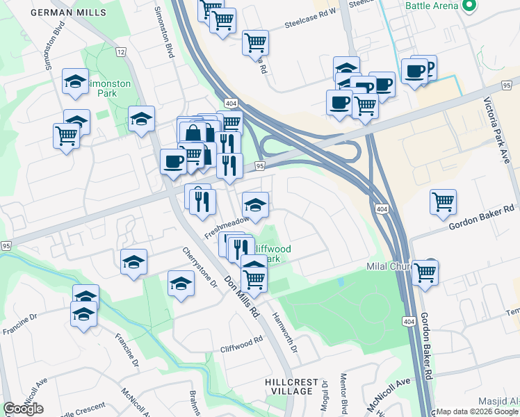 map of restaurants, bars, coffee shops, grocery stores, and more near 29 Burnt Meadoway in Toronto