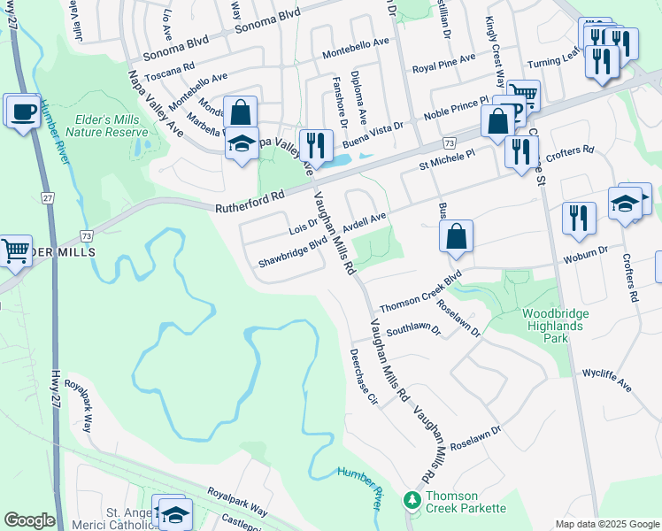 map of restaurants, bars, coffee shops, grocery stores, and more near 27 Gidleigh Park Crescent in Vaughan