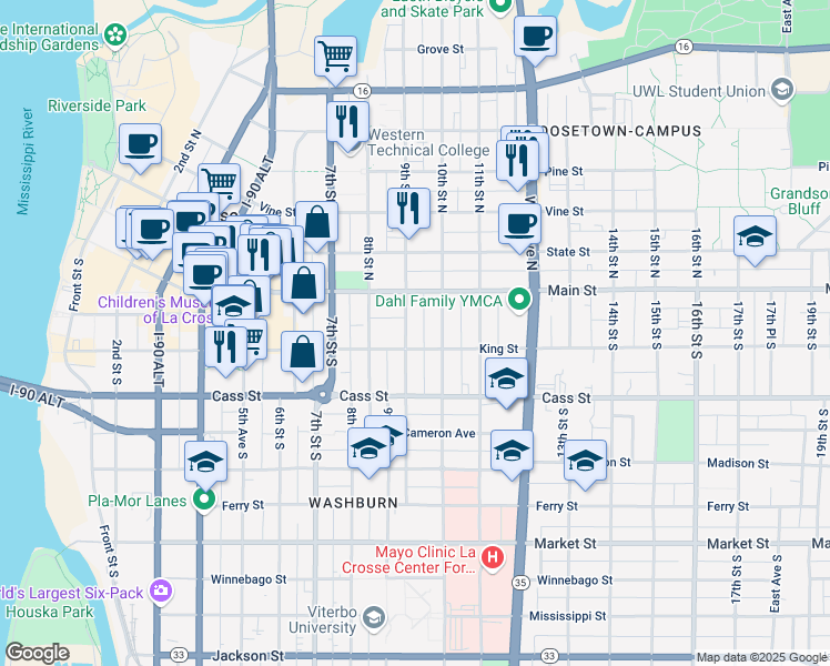 map of restaurants, bars, coffee shops, grocery stores, and more near 141 9th Street South in La Crosse