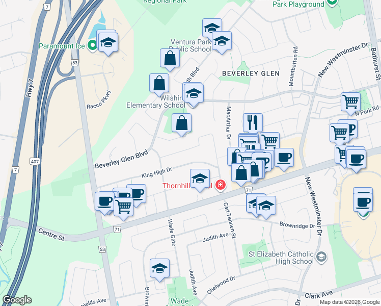 map of restaurants, bars, coffee shops, grocery stores, and more near 67 Forest Lane Drive in Vaughan