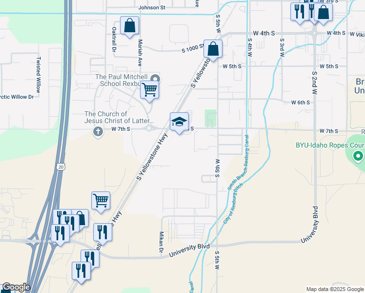 map of restaurants, bars, coffee shops, grocery stores, and more near 575 West 7th South in Rexburg