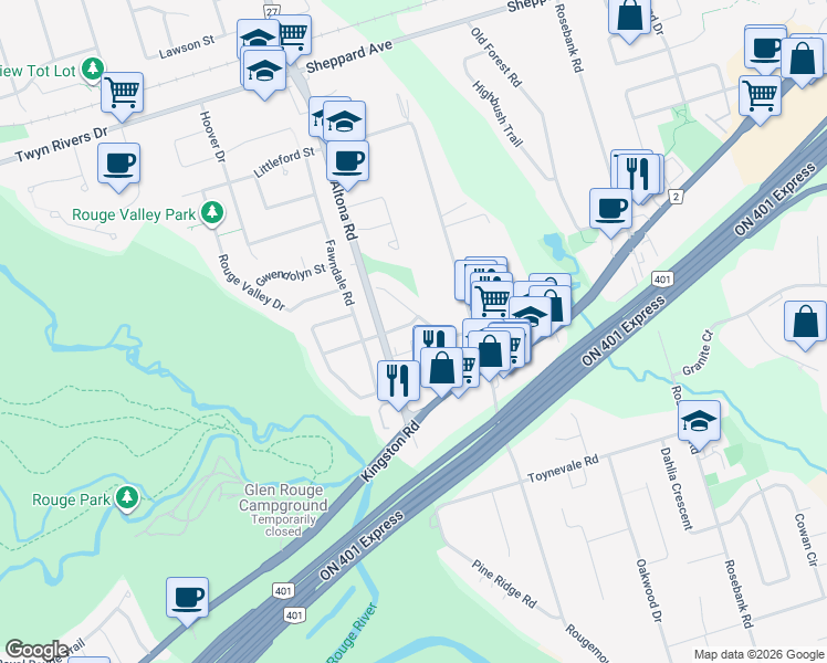 map of restaurants, bars, coffee shops, grocery stores, and more near in Pickering