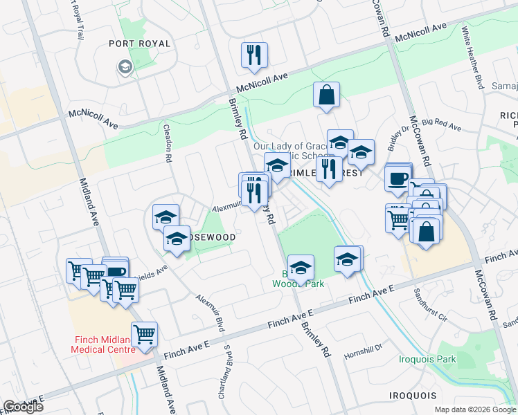 map of restaurants, bars, coffee shops, grocery stores, and more near 137 Montezuma Trail in Toronto