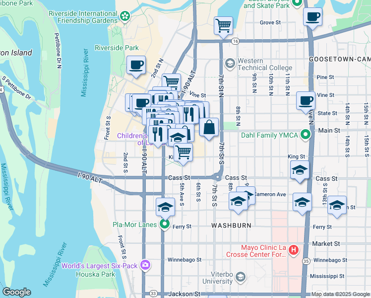 map of restaurants, bars, coffee shops, grocery stores, and more near 505 King Street in La Crosse