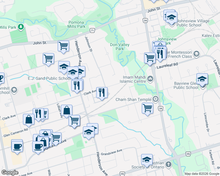map of restaurants, bars, coffee shops, grocery stores, and more near 177 Clark Avenue in Markham