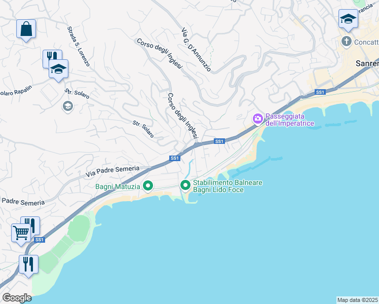 map of restaurants, bars, coffee shops, grocery stores, and more near 28 Corso Matuzia in Sanremo